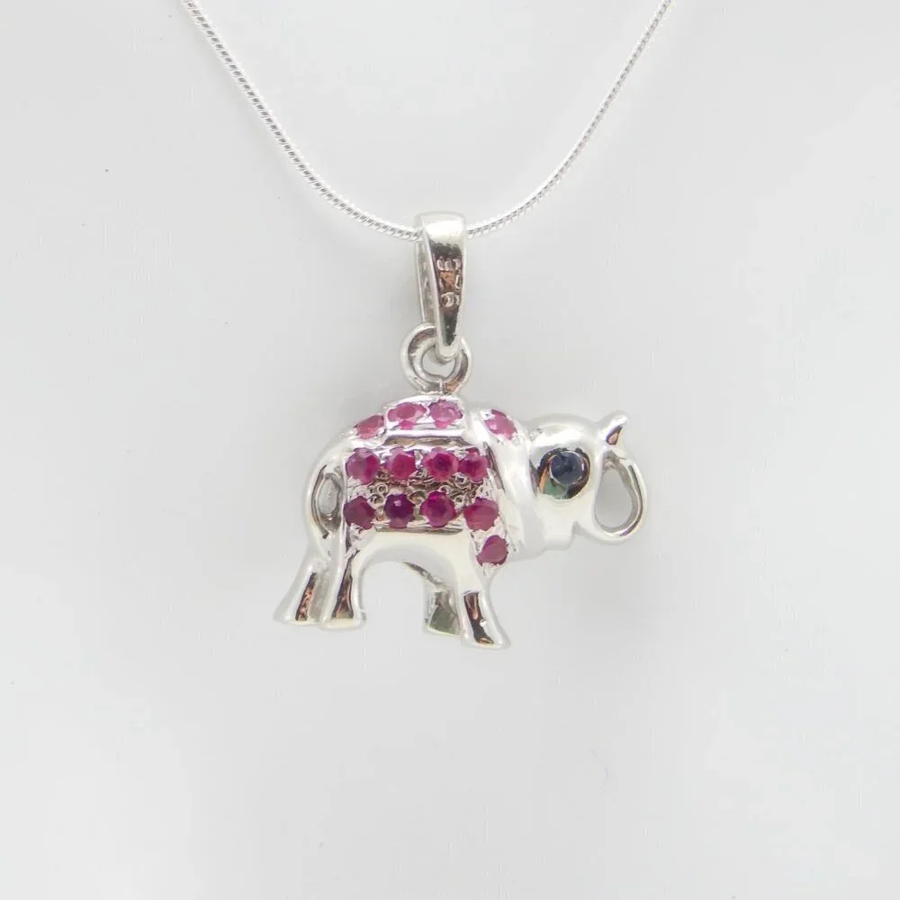 Genuine Ruby and Sapphire Lucky Elephant Necklace in 925 Sterling Silver